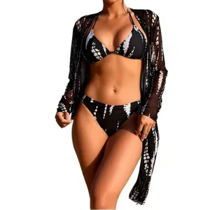 Y2K Tie Dye Bikini Set Black White Halter Triangle High Waist Tummy Control Swimsuit with Long Sleeve Sun Protection Kimono Cover Up Beach Vacation Outfit Bikini Set for Midsize Curvy Women cheeky Women's Slimming rash guard tropical style tankini suit