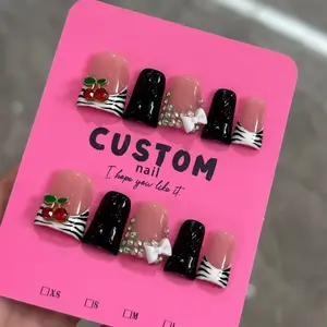 10pcs high-end Sweet and cool style, hand-painted zebra print, three-dimensional cherry, bow, sparkling pile diamond handmade fake nails, Nail patches suitable for sisters' gatherings, colleagues' dinners, friends' birthday parties and Christmas