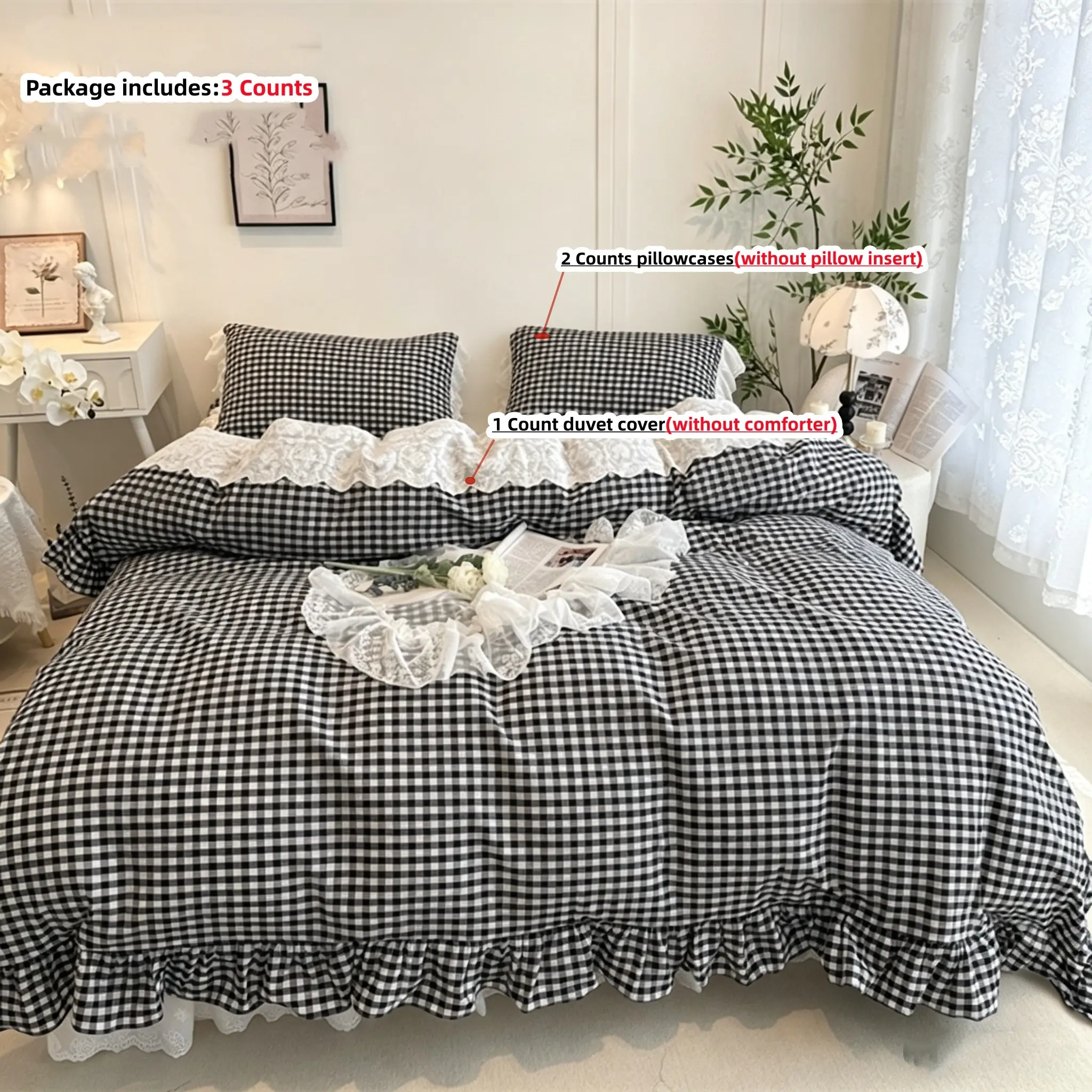 French lace plaid bedding duvet cover set, including 1 duvet cover and 2 pillowcases (without core)., fabric comfortable and soft, suitable for all seasons, and the duvet cover comes with a zipper for easy disassembly and washing Soft Comfy Bedding Set