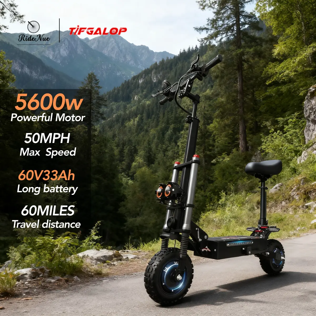 Tifgalop T88 Plus Electric Scooter for Adults, 5600W Peak Dual Motor, 60V 33Ah Battery, 50MPH Max Speed, 60 Miles Range, 45° Climb, Off-Road Tires, Hydraulic Suspension，UL 2272 certified