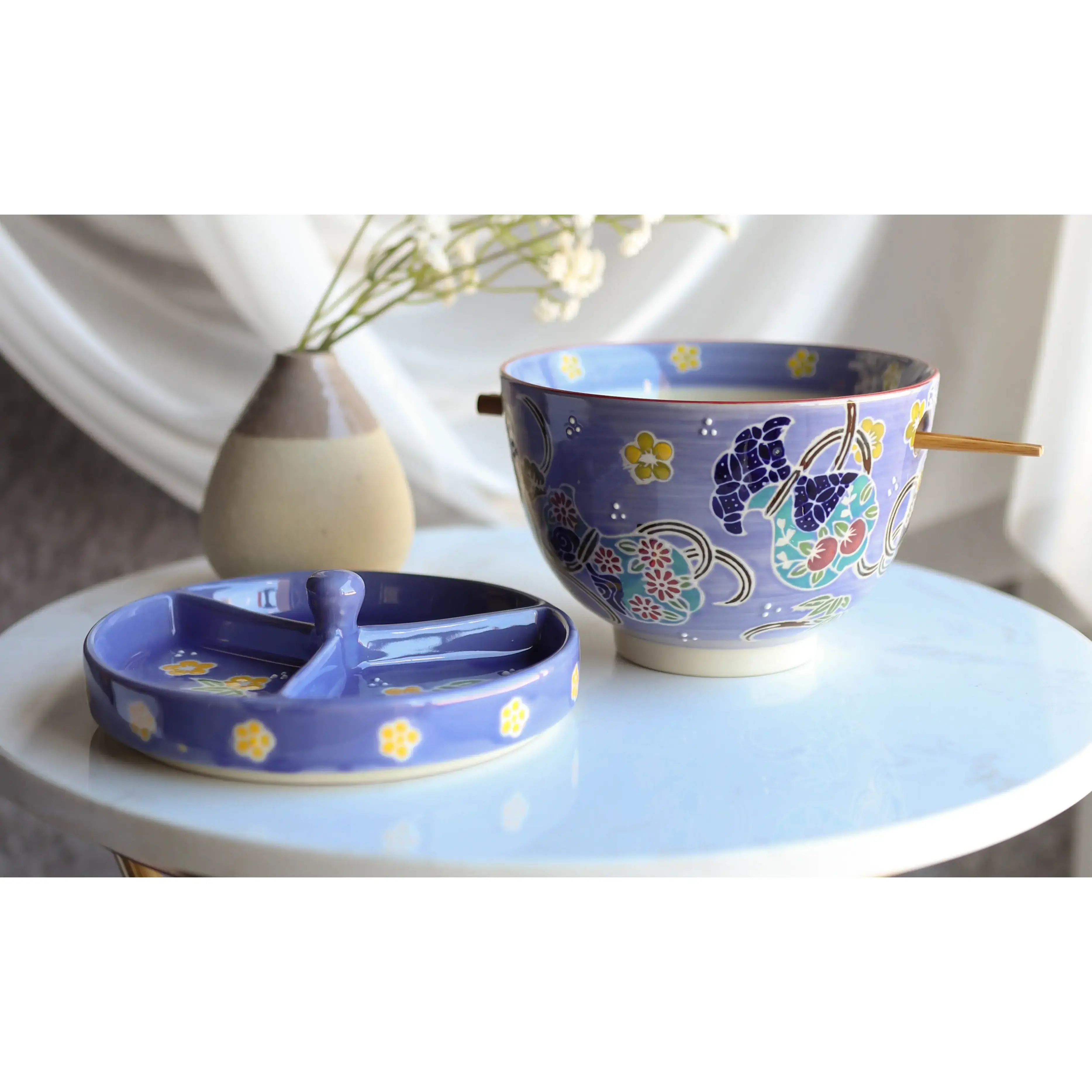 Purple Floral Sky Bamboo Soup Bowl Set with Wooden Tempura Divider, Condiment Lid, Chopsticks – Home Supplies Tableware for Serving