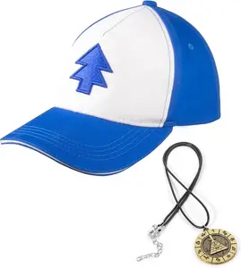 Dipper Hat Adjustable Embroidered Cap with Bill Cipher Necklace Blue