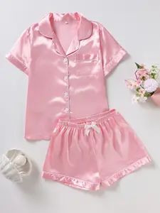 Women's Satin Sleepwear Set, Loungewear, Soft Silk Fabric, Comfortable Loose Fit Button-Up Short Sleeve Top & Shorts, Elegant Ladies' Nightwear Pajamas