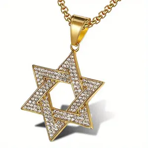 MaxBling81 Unisex 6-Point Star Stainless Steel Iced Pendant Necklace with 24" Rolo Chain, Gold/Silver Chain Accent Costume Jewelry for Daily Wear, Chain Accent Necklaces