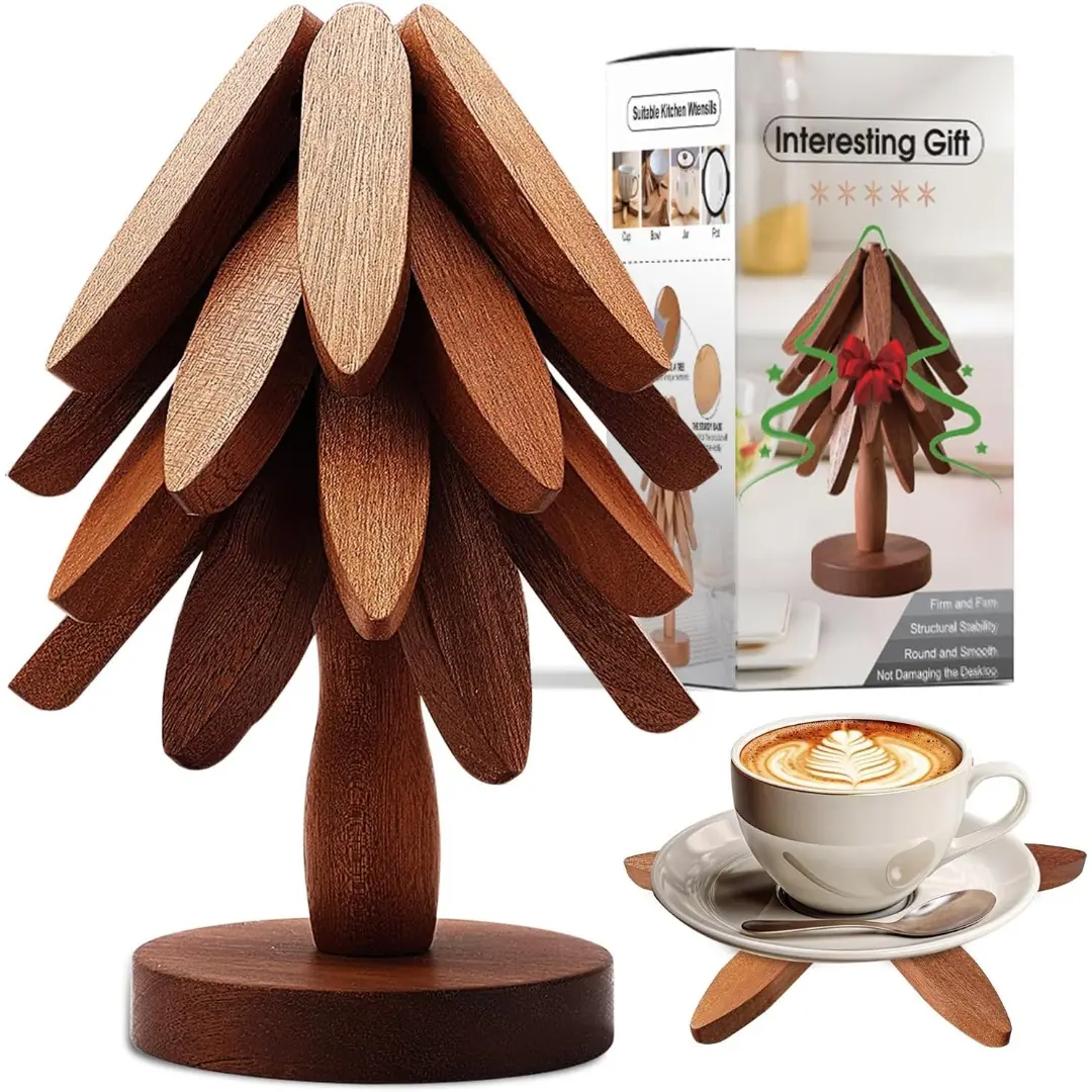 Solid Wood Trivets Set - 4-Piece Durable Heat Resistant Wooden Trivet Set with 1 Stand for Hot Dishes, Pans, Kitchen Tableware, Walnut【4Trivets+1Stand】