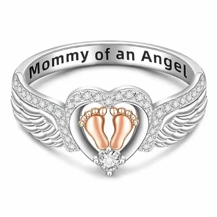 Angel Wings Baby Footprint Ring, Mommy of an Angel Engraved Heart Ring, Sympathy Memorial Jewelry, Remembrance Gift for Grieving Mom, Zircon Inlaid Statement Ring