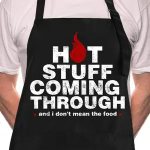 [Mother's Day Gift] Funny BBQ Black Chef Aprons for Men, Hot Stuff Coming Through, Adjustable Kitchen Cooking Aprons with Pocket Waterproof Oil Proof Valentine's Day/Birthday
