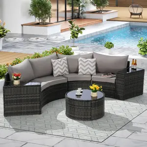 ARCH Outdoor Patio Furniture 7-Piece Half-Moon Sectional Round Patio Furniture Set Sofa with Tempered Glass Round Coffee Table