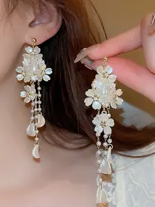 Elegant 925 Silver Needle Pearl Flower Dangle Earrings, Sparkling Rhinestone Design, Perfect for Women, Party Wear & Daily Use, Teardrop Earrings