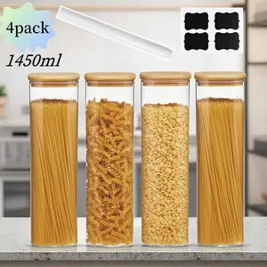 2/4-Pack 1450ml Square Glass Jars, Glass Storage Containers with Lids, Wide-Mouth Pasta Jars, Kitchen Storage Jars, for Kitchen Pasta, Grains, Oats, Sugar, Cookies, Beans Storage, Airtight Glass Jar Set, Kitchen Organization