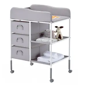 Fathersdaygift summervibes VEVOR Baby Changing Table, Portable Diaper Change Station with 3 Fabric Drawers and Lockable Wheels, Adjustable Height Multi-Functional Changing Station Table with Storage Organizer Nursery, Gray