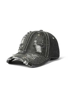 A distressed baseball cap, made of pure cotton denim with ripped edges and a casual design, unisex and versatile, suitable for travel and leisure