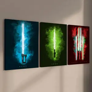 Wooden Framed Canvas Painting, 3 Counts/set Lightsaber Pattern Canvas Wall Art, Modern Wall Decor for Home Living Room Bedroom Office