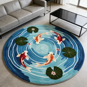 Modern Round Koi Pond Print Carpet Mat, Washable Easy Clean Plush Soft Area Rug, Contemporary Art Design for Living Room Bedroom Office