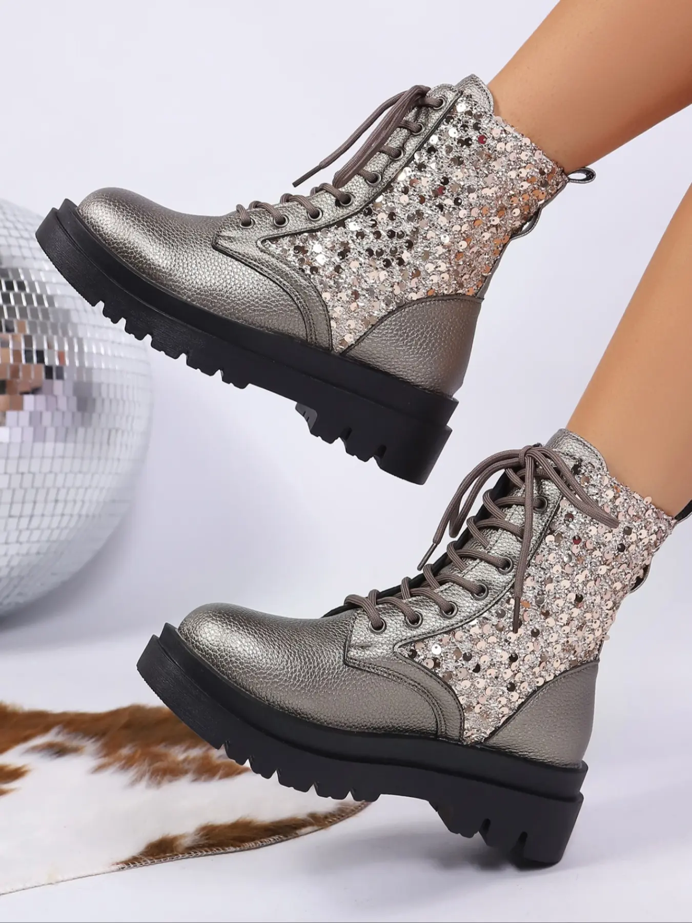 Women's Silver Sequined Warm Combat Boots, Lace - Up Walking Shoes with Chunky Platform Sole, Eye - Catching & Glamorous Footwear for Fashion - Forward Looks, Versatile Boots with Sparkly Sequins for Party, Night Out or Casual Walking Occasions