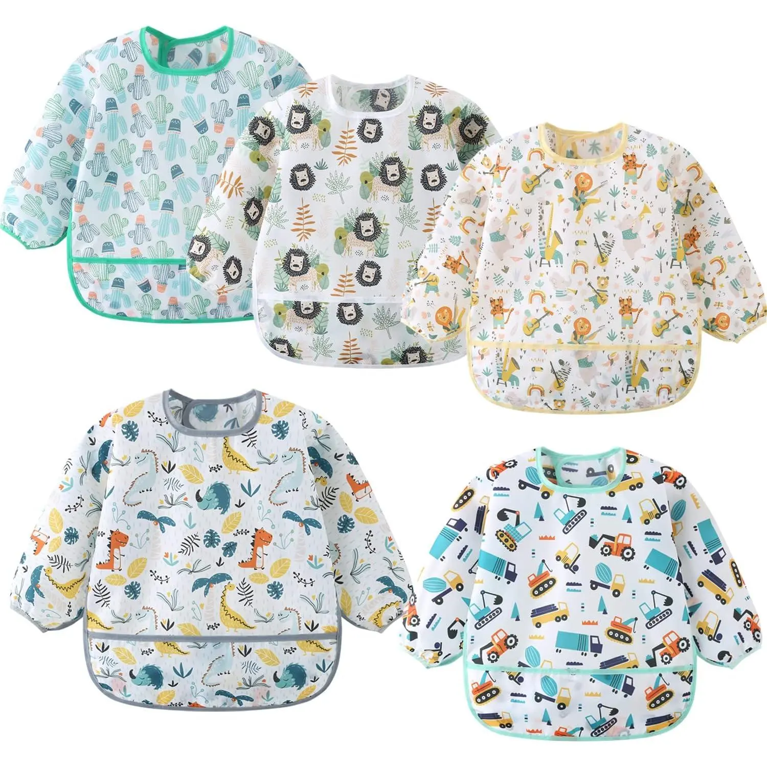 5 Pack Long Sleeve Bib Set with Cartoon Patterns, Waterproof Art & Feeding Smocks for Baby and Toddler 6-30 Months, Reusable with Catch-all Pocket, Bib Set Bibs & Burp Cloths, Waterproof Spill-Proof Bibs & Burp Cloths
