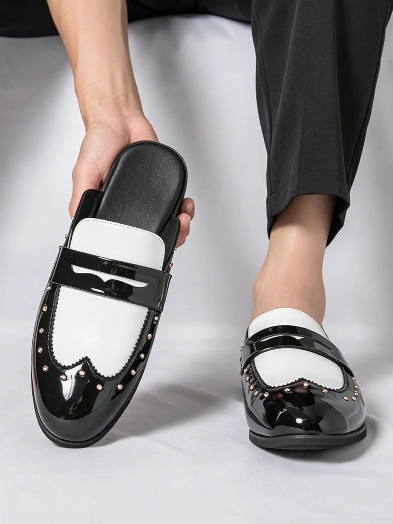 Men's Black & White Patent Leather Studded Mules - Slip-on Loafers for Casual Daily Wear
