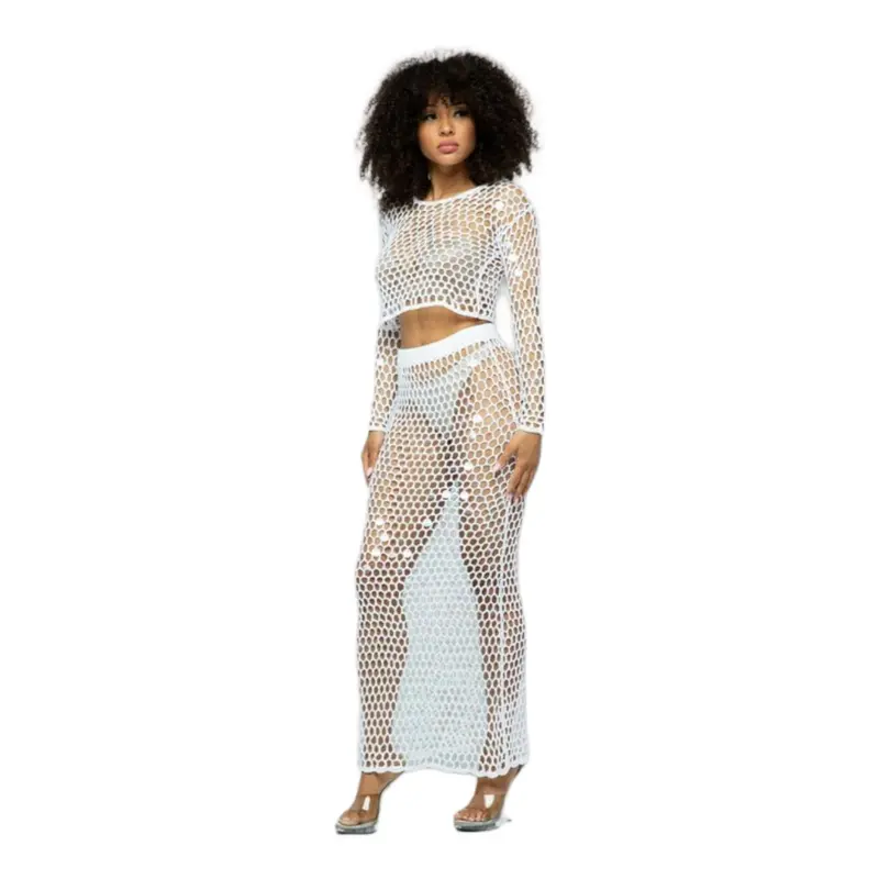 Mesh Cover-Up - White Fishnet Style Top and Skirt Set for Your Apparel Needs
