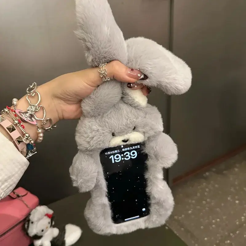 Cute Fluffy Long-Ear Rabbit Smartphone Casing, Handheld Cellphone Device Protector Cover for iPhone 11,12,13,14,15 Pro Max,16 Pro,17 Pro, Furry Cartoon Accessory for Girls, Devices