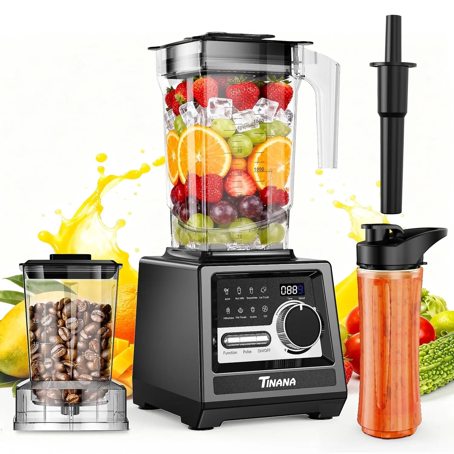 TINANA 1800W Countertop Blender and Grinder Combo, 68 oz Smoothie Maker with 27 oz Coffee Grinder, Ice Crusher, Frozen Fruit, Black