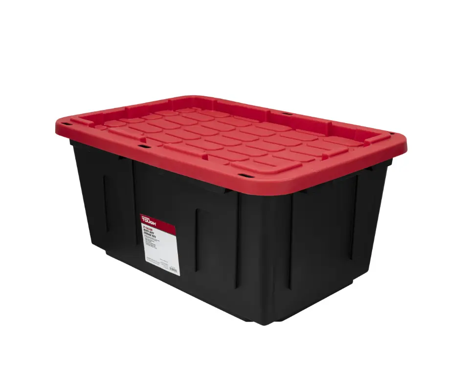 Hyper Tough Large Storage Bin, 27 Gallon Plastic Storage Container with Snap-On Lid, Black and Red