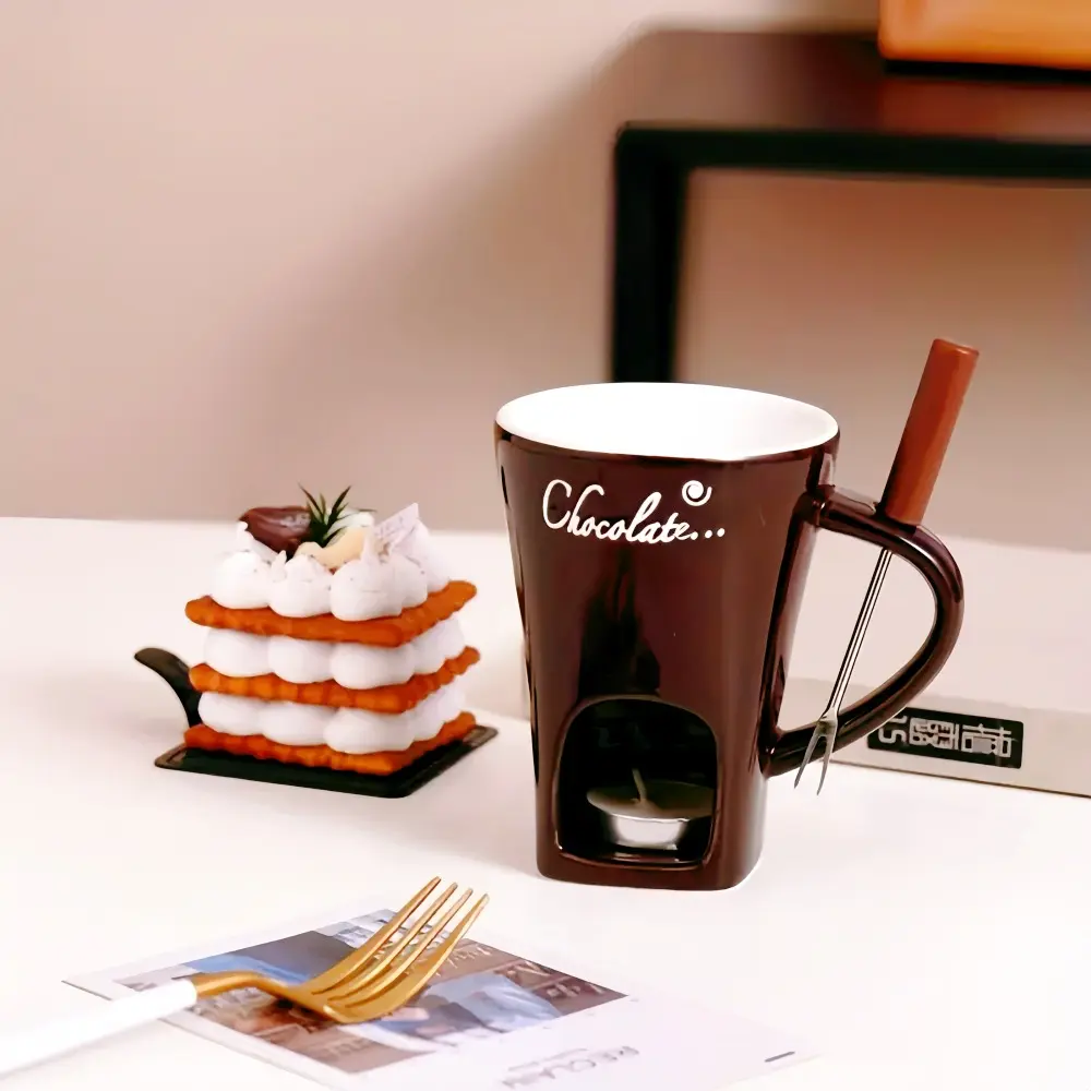 Ceramic Ice Cream Cup with Fork, 1 Set Creative Heat Resistant Coffee Cup with Handle, Chocolate Cup, Drinkware for Home Kitchen, Beverage Cup Set, Mug, Ceramic Cups