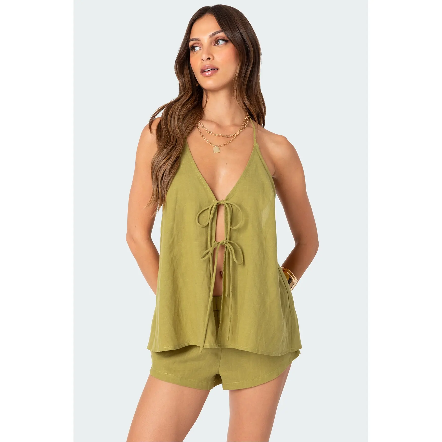 Arden Linen Look Tie Front Top