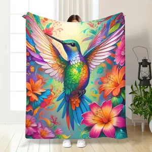 Hummingbird Colorful Pattern Blanket Ultra Soft Flannel Cozy Warm Bedroom Couch Sofa Home Office Travel Air Conditioning Nap Throw Decor Decorative Throw Perfect Birthday Gift Christmas Gift for Bird Lovers Women Men Teens Nature Style