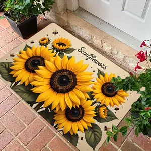 Durable Bathroom/Bedroom Floor Mat, Water Absorbent, Non-Skid Bottom, Stain Resistant. Cheerful Sunflower & Bee Pattern with "Sunflowers" Cursive Lettering, Ideal for Bathtub, Shower & Bedroom Use
