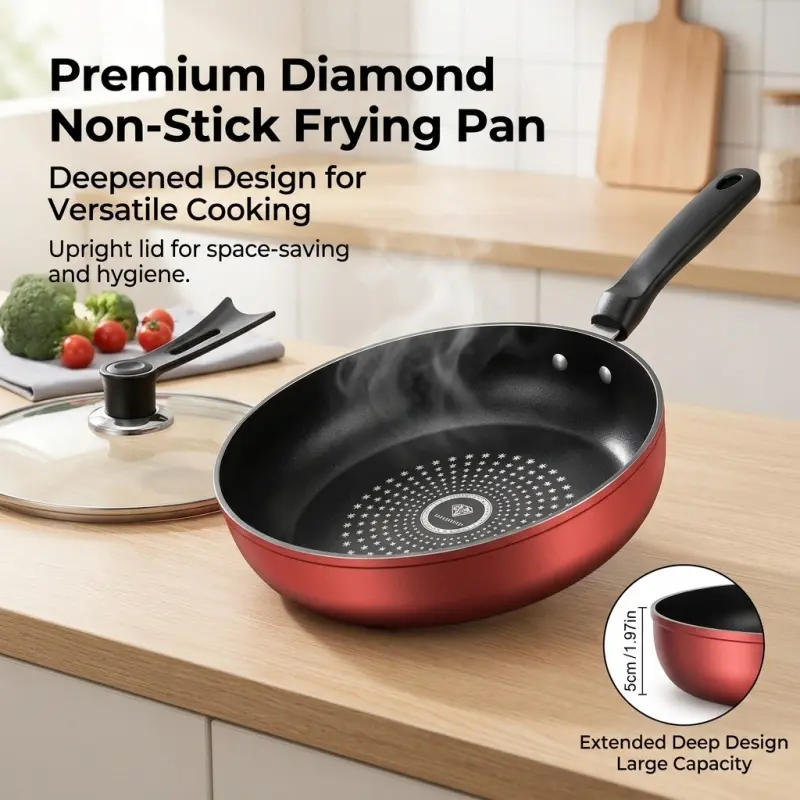 Premium Diamond Non-Stick Deep Frying Pan with Glass Lid, Frying Pans Nonstick With Lid, Extended Depth Design for Versatile Cooking, Space-Saving Upright Lid for Hygiene & Convenience