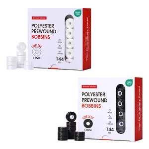 Style L Prewound Sideless 75D/2 (60WT) Polyester Embroidery Bobbins – 144 Pack (White / Black)