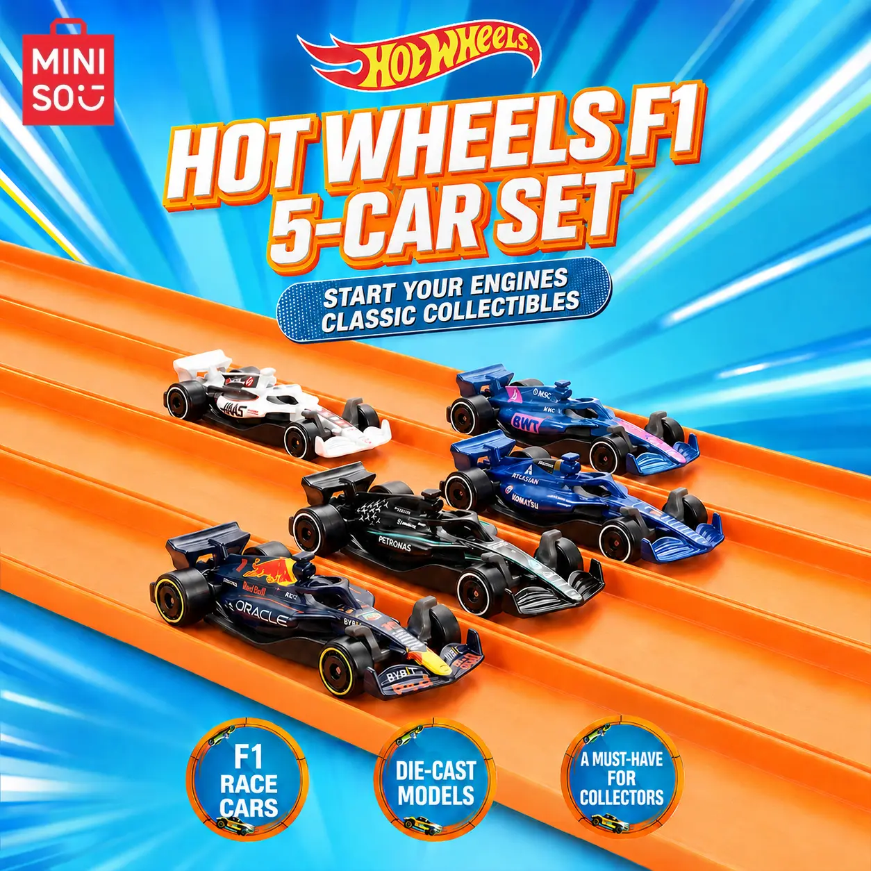 MINISO x Hot Wheels Formula 1 5-Pack Die-Cast Race Cars | Collectible Toy Car Set for Kids, Racing Fans & Gifts