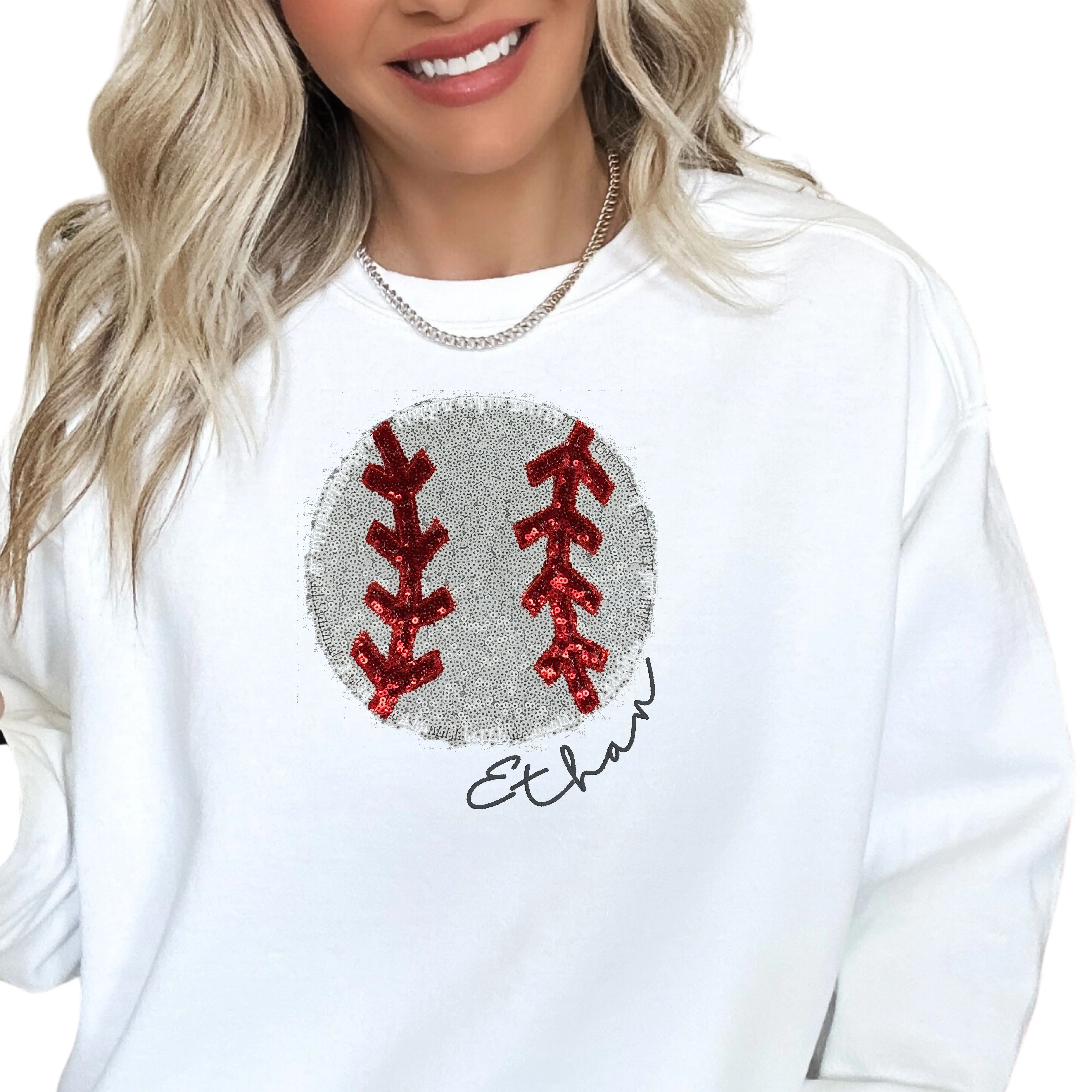 Baseball or Softball Sequin Embroidered Applique Unisex Sweatshirt Game Day Shirt with Optional Name Collar Cotton Crewneck