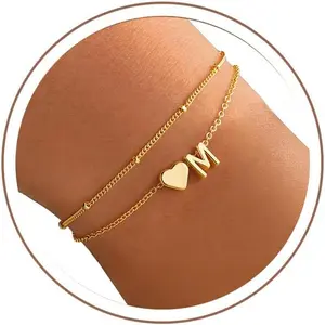 Gifts - Gold Initial Bracelet Dainty 14K Gold Plated Heart Initial Letter A-Z Bracelets for Women Trendy, Layered Link Charm Bracelets Mothers Day Gifts for Mom Daughter Grandma permanent size 2 ring friendship Tiger Eye Stone Crystal
