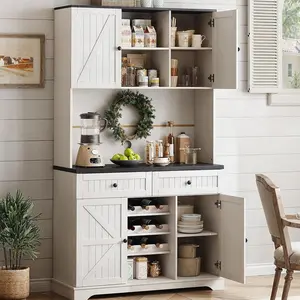 ONBRILL Pantry Cabinet with 2 Drawers & 3 Wine Racks, 71" Farmhouse Kitchen Storage Cabinet with Adjustable Shelves, Kitchen Hutch with Microwave Stand for Dining Room, Living Room