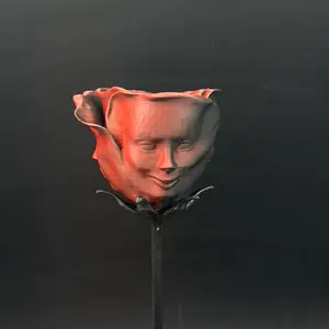 Matte Red Black 3D Printed Awakened Rose Figurine - Small-Size PLA Plastic Home Decor Accessory, Interior Decoration Accessory with Detailed Leaves, Modern 3D Design, Collectible Statue, Interior Decoration Accessories