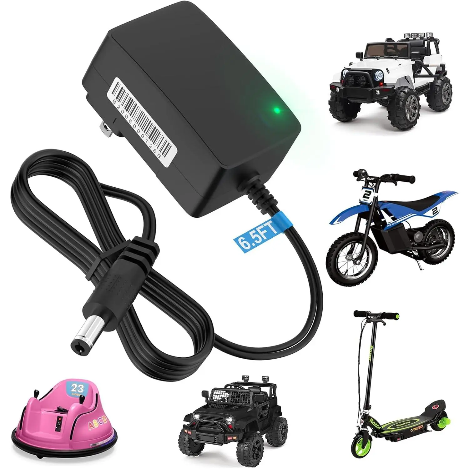12V Battery Charger for Ride On Car Toys, 12 Volt Kids Universal Charger for Mercedes BMW i8 Electric Toy Car, Jeep, Lamborghini, Best Choice Products, 6.5FT, Indicator Light
