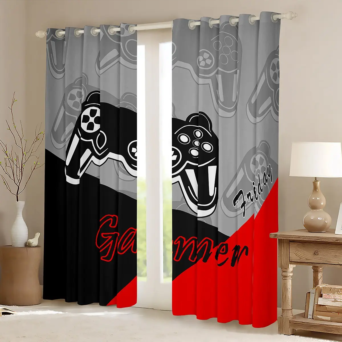 Feelyou Gamer Window Drapes - Modern Gamepad Print Home Decoration Curtains, Thermal Insulated Privacy Grommet Curtains for Bedroom (Black, Red, Grey), Home Decoration Curtain