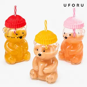 UFORU Cute Bear Glass Cup with Straw and Lid, Creative Bear Shaped Drinking Glass, Clear Glass Tumbler for Juice, Iced Coffee, Milk Tea, Smoothies, Party Drinks and Gifts