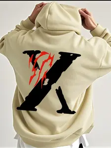 Men's Casual Solid Color Fitted Graphic Hoodie, Sweatshirts, Drawstring Pocket Long Sleeve Pullover, Letter Print Fabric Streetwear for Fall & Winter