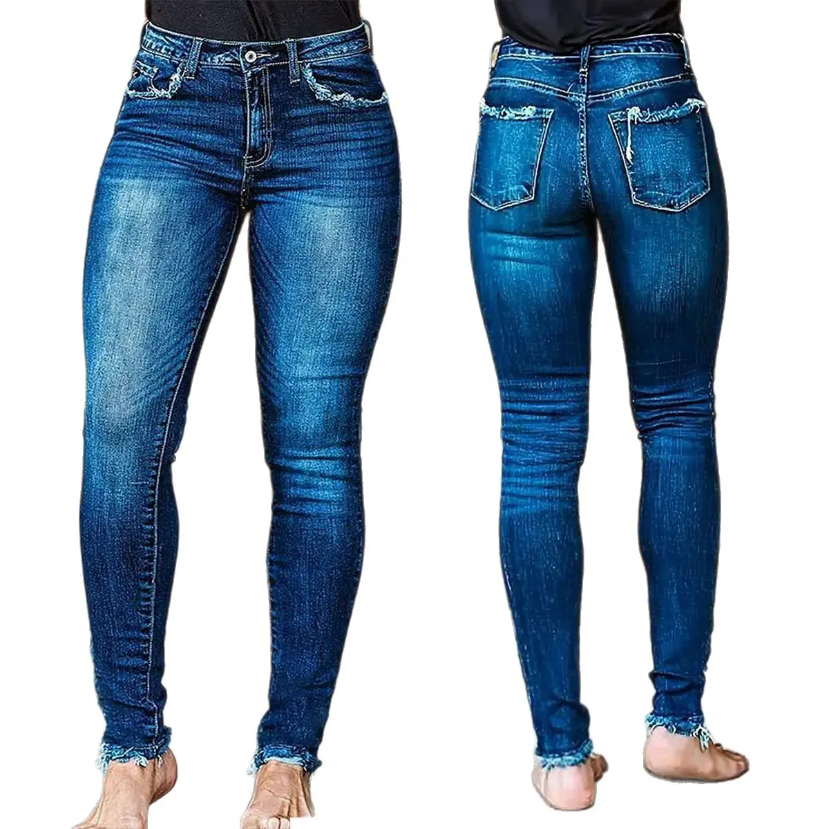 Women's Mid-Rise Stretch Denim Pencil Skinny Jeans - Washed Distressed Look, Slim Fit, Tapered Leg, Slimming Effect, Basic Style, With Pocket (Pair with Crop Tops), Trouser, Pants, Casual, Everyday, Plain, Ankle Length, Do Not Bleach