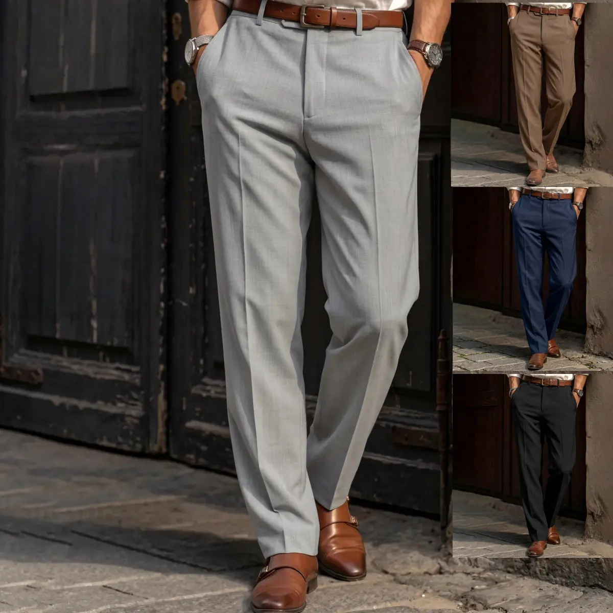 Men’s summer long pants for golf and business wear—essential dress pants with a plain front; solid-color, minimalist casual trousers available in multiple colors; Father’s Day gift.