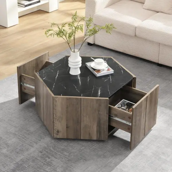 Vintage MDF Hexagonal Rustic Coffee Table - Light Brown Oak Finish, Textured Black Marble Tops, 2 Hidden Drawers, 31.50 x 27.56 x 15.75 inches, 48.28 lbs, Hexagonal Shape, Versatile Living Room and Reception Piece, Retro