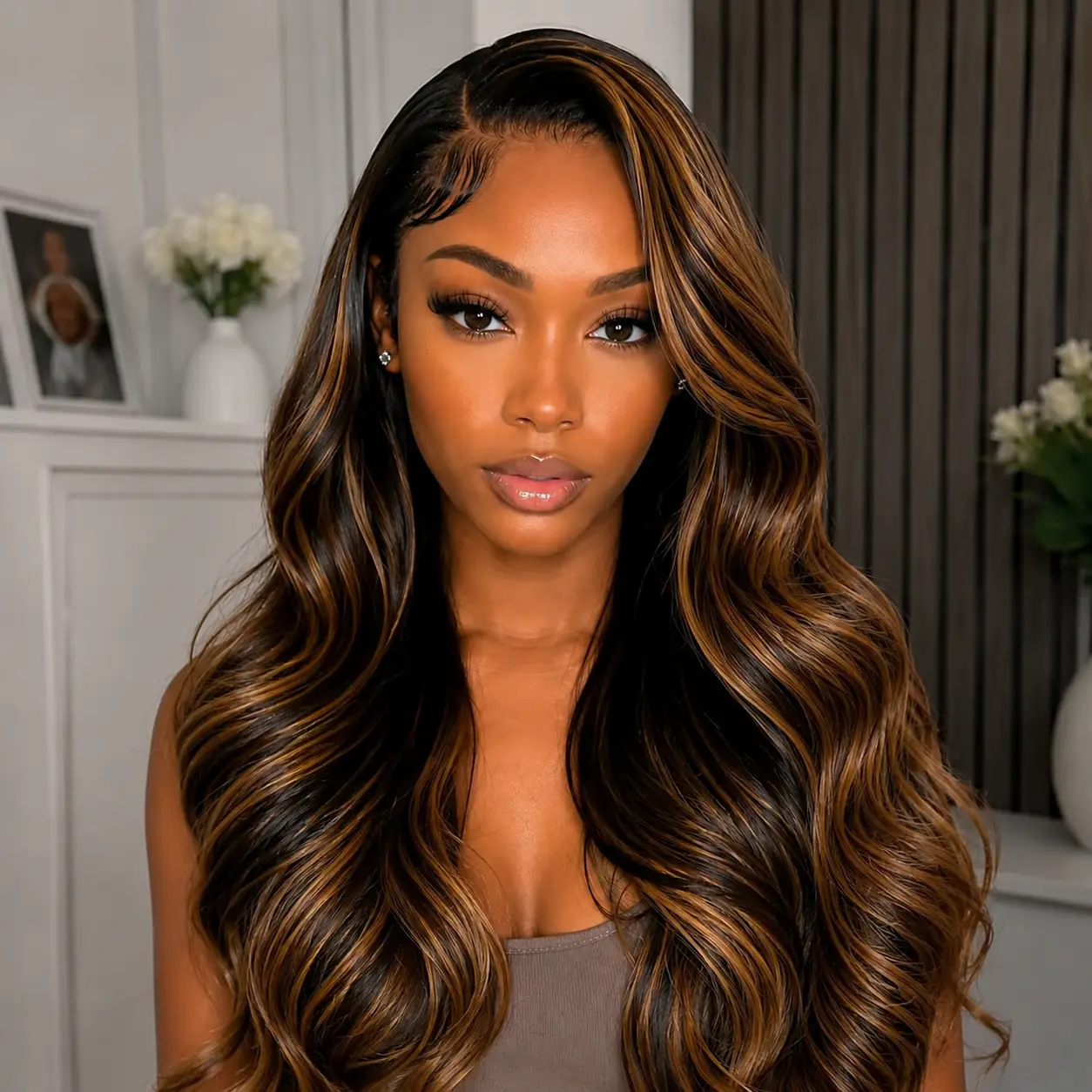 AFRIBYE Human Hair Wig Honey Brown Ombre Body Wave 13x6 HD Lace Frontal for Black Women Pre-Plucked Virgin Hair with Bleached Knots 180% Density Wigs Human Hair