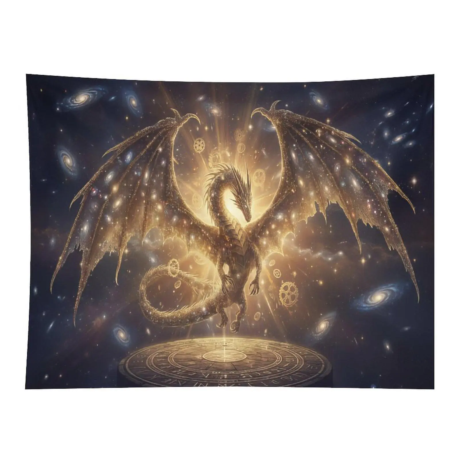 Cosmic Ancient Dragon Tapestry - Golden Celestial Dragon Design, Galaxy Pattern, Magical Gear Accents, Indoor Wall Hanging for Fantasy Room Home Decor, Indoors