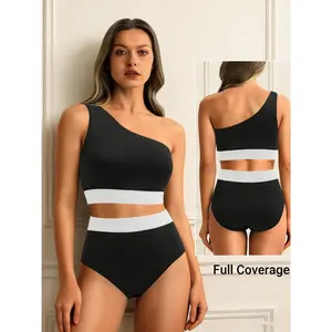 Women's One Shoulder High Waisted Bikini Set Two Piece Swimsuit with Tummy Control Full Coverage Bathing Suit for Summer Beach Parties