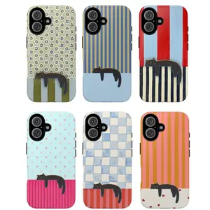 Cute Black Cat Pattern Tough Phone Case, Colorful Striped & Polka Dot Design for ip and ss, Gift, Protective Cover