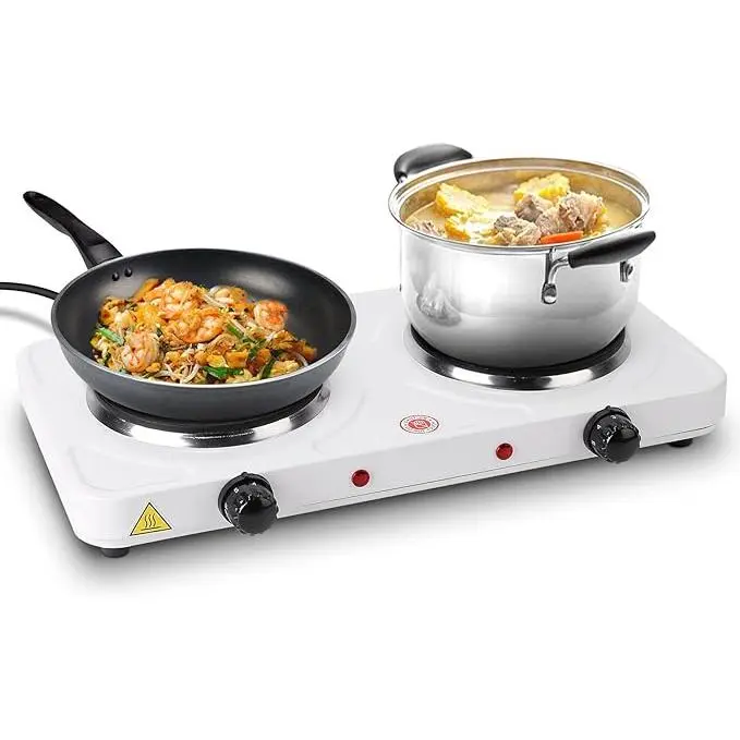 Countertop Double Electric Burner, 2000W Portable Hot Plate with 6-inch Cast Iron Plates & 5 Temperature Settings for Dorms, RVs, Travel, Home, 5 Power Levels, Temp Control, Dual Cooking, Camping, Compact Size, Easy Clean, 1 X Double Hot Plate