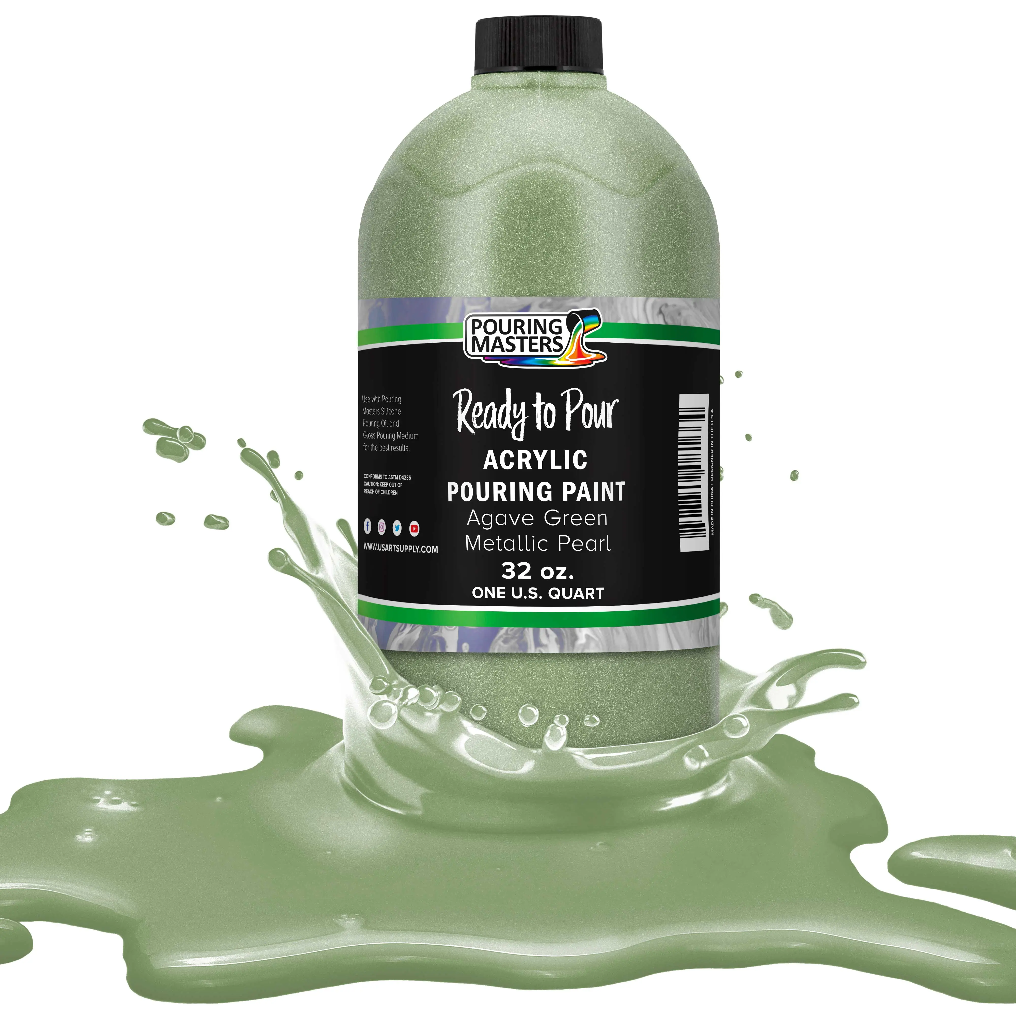Pouring Masters Agave Green Metallic Pearl Ready to Pour Acrylic Pouring Paint - Premium 32-Ounce Pre-Mixed Fluid Acrylic Paint - Fluid Art Supplies for Canvas, Wood, Paper, Tile & Rocks