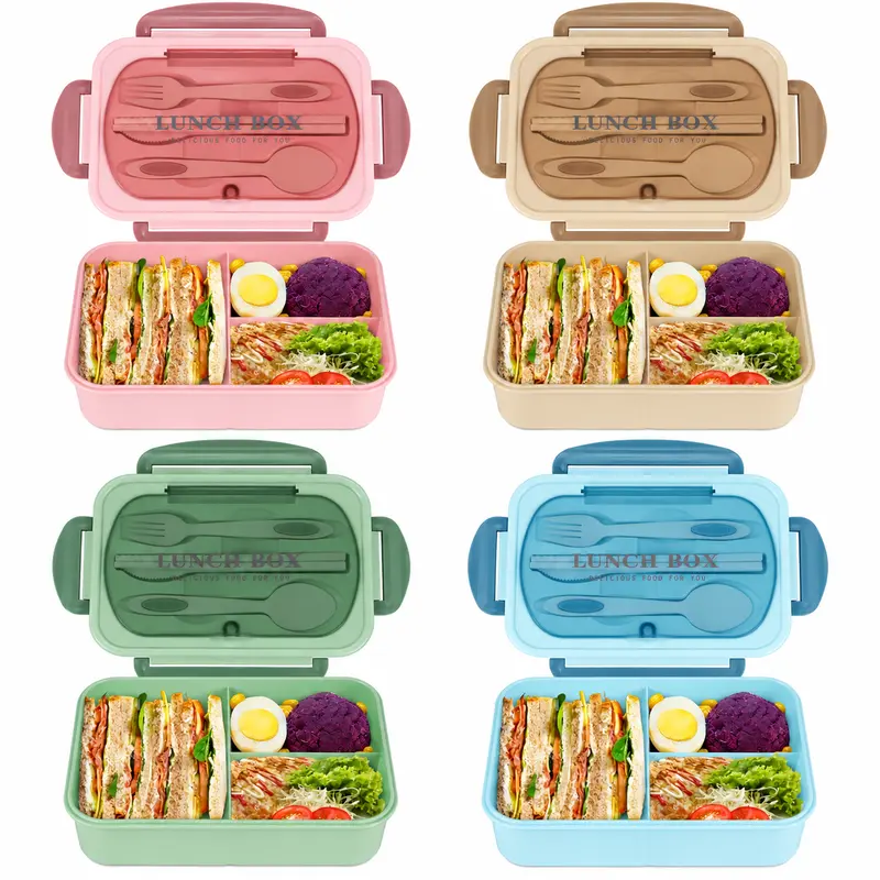 MIUVA 1220ml 3-Grid Bento Box-Shaped Lunch Container - BPA-Free, Food-Safe, Durable, Portable, Lightweight with 4 Utensils (Spoon,Fork,Knife,Chopsticks), Lid Flaps, Print Design, for Kids Over 5 & Adults, Back to School Gift for Packing Lunch for My Kid